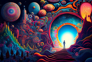 Psychedelic trip. DMT effect. A beautiful bright picture . A bright poster.Generative AI.