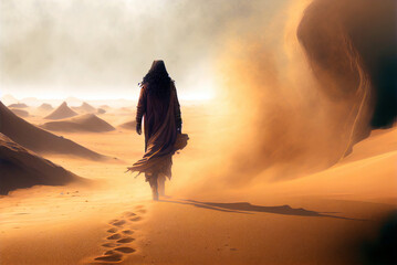 Woman walking alone in the desert, sandstorm over the sand dunes. AI generative