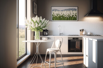 Minimalist and modern kitchen in soft aearthy tones with high chairs and bouquet of flowers lily. Generative AI