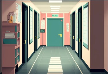 cartoon illustration, empty school corridor with lockers,generative ai