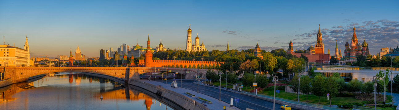 Panorama of Moscow Kremlin, Spasskaya Tower, Saint Basil's Cathedral, Park Zaryadye in Moscow, Russia. Architecture and landmarks of Moscow. Postcard of Moscow