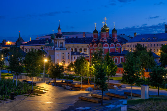 View of Zaryadye Park and  churches of Varvarka in Moscow, Russia. Architecture and landmarks of Moscow. Night cityscape of Moscow.