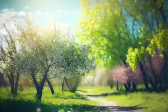 Blur park garden tree in nature generative ai  background, blurry green bokeh light outdoors in summer background