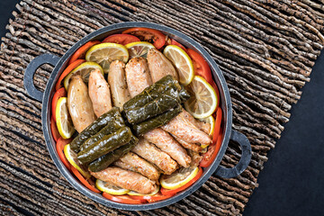 stuffed grape leaves and onions