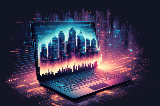 IoT idea, software development, and digital technologies. Managing projects on a laptop computer and in a smart city using binary, large data, and computer code, with double exposure. Generative AI
