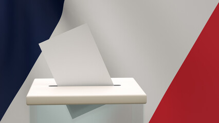 Blank ballot with space for text or logo is dropped into the ballot box against the backdrop of the flag of France. Election concept. 3D rendering. Mockup