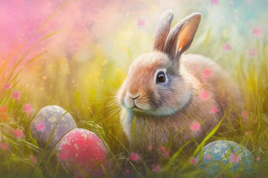 cute rabbit in the grass, Easter hollidays, flowers, grass, springtime, colored easter eggs, with Bokeh
generated by AI