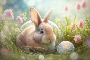 Fototapeta premium cute rabbit in the grass, Easter hollidays, flowers, grass, springtime, colored easter eggs, with Bokeh generated by AI
