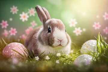 cute rabbit in the grass, Easter hollidays, flowers, grass, springtime, colored easter eggs, with Bokeh
generated by AI