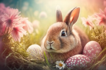 Fototapeta premium cute rabbit in the grass, Easter hollidays, flowers, grass, springtime, colored easter eggs, with Bokeh generated by AI