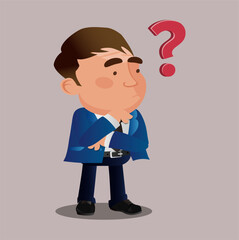 Question mark and manager. Pensive Business people. Businessman thinking