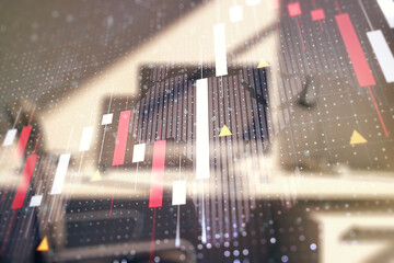 Multi exposure of abstract creative financial graph with world map and modern desktop with computer on background, forex and investment concept