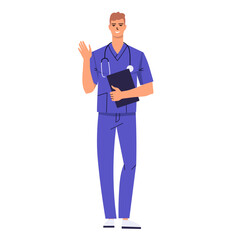 Young doctor waves his hand. Medical worker greets you. Male nurse with stethoscope and wearing scrubs. Character holding clipboard and isolated on white background. Flat style. Vector illustration.