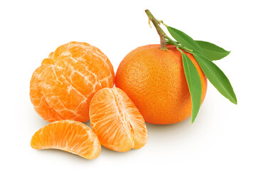 Tangerine or clementine with green leaf isolated on white background with full depth of field.