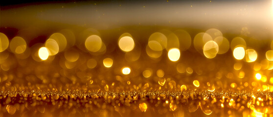 暗い背景に浮遊する豪華な金色のぼやけたパーティクル、粒、火花、火の粉、金色、ゴールドLuxury golden blurry particles, grains, sparks, sparks, golden, gold floating on dark background