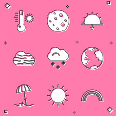 Set Meteorology thermometer, Moon, Sunset, Fog and cloud, Cloud with snow, Earth globe, protective umbrella for beach and icon. Vector