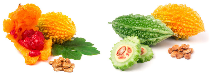yellow disclosed momordica with leaf and seeds isolated on white background
