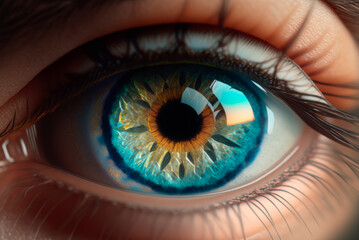 Close-up of a woman's eye with multicolored iris. Generative AI