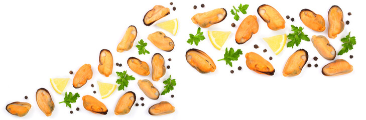 mussels with parsley lemon and peppercorns isolated on white background. Top view. Flat lay