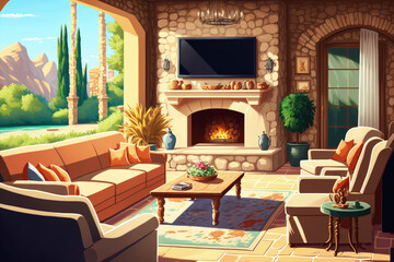 Luxury outdoor relaxing living room with large stone fireplace, TV, rug and beige sofa. Generative AI