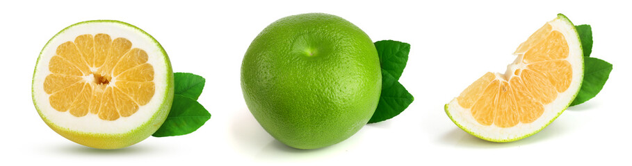 slice of Citrus Sweetie or Pomelit, oroblanco with leaf isolated on white background close-up