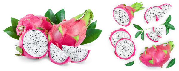Dragon fruit, Pitaya or Pitahaya isolated on white background with copy space for your text. Top view. Flat lay