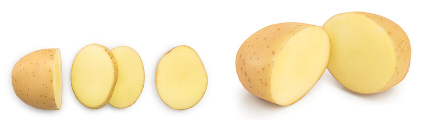Young potato isolated on white background. Harvest new. Top view. Flat lay, Set or collection