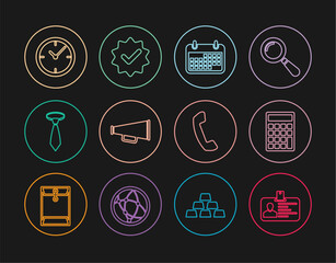 Set line Identification badge, Calculator, Calendar, Megaphone, Tie, Clock, Telephone handset and Approved check mark icon. Vector