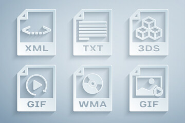 Set WMA file document, 3DS, GIF, , TXT and XML icon. Vector