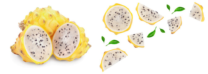 Dragon fruit, Pitaya or Pitahaya yellow with leaf isolated on white background with copy space for your text. Top view. Flat lay