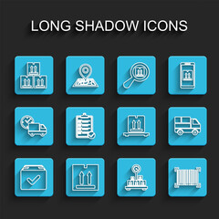 Set line Package box with check mark, Cardboard traffic, Scale cardboard, Barcode, Verification of delivery list, Delivery truck boxes and pallet icon. Vector