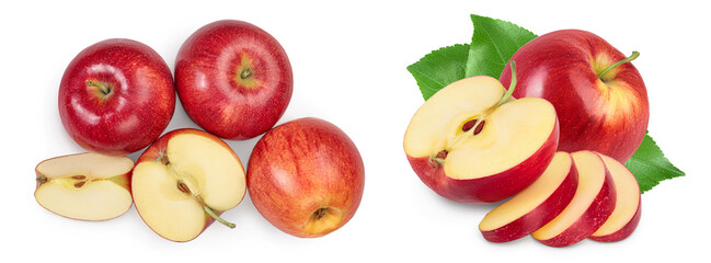 Red apple with half isolated on white background with full depth of field. Top view. Flat lay.
