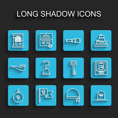 Set line Bomb ready to explode, Pirate flag with skull, Decree, parchment, scroll, bandana for head, Tombstone RIP written, hook, Wanted poster pirate and key icon. Vector