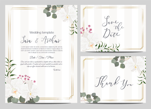 Vector floral template for wedding invitation. Delicate white orchids, juicy green eucalyptus, polygonal gold frame.