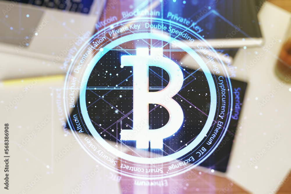 Poster creative bitcoin concept and modern digital tablet on desktop on background, top view. double exposu
