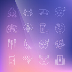 Set line Medical hospital building, Medicine pill or tablet, Man having headache, Emergency car, Bee, Lungs, Runny nose and Can container for milk icon. Vector