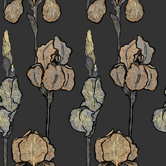 gray irises flowers on gray background, vector seamless pattern