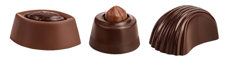 Chocolate candy isolated on white background with full depth of field, Set or collection