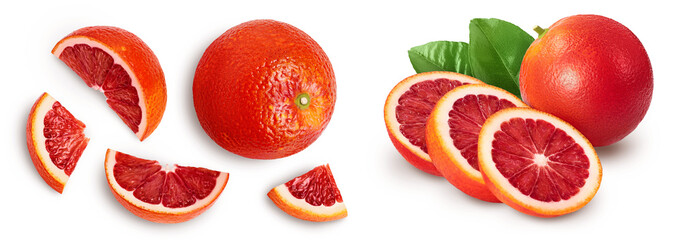 Naklejka premium Blood red oranges with slices isolated on white background . Top view. Flat lay
