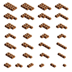 Set of square chocolate bar blocks and pieces on white background. Isometric vector illustration chunks of chocolate snacks