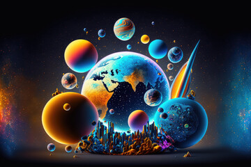 Obraz na płótnie Canvas ed illustration of parallel universes in many worlds interpretation of quantum physics. Multiple Earth planents in multiverse. Elements of this image furnished by NASA. Generative AI