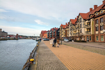 Ustka, Poland - 06.01.2023: Panorama of Ustka with tourists. Ustka, Pomerania, Poland.
