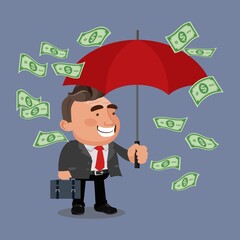 Office worker character hold umbrella and standing under money rain