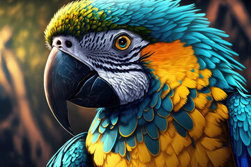 Ara ararauna, a bright blue and yellow macaw parrot, is shown in close up. Generative AI - obrazy, fototapety, plakaty