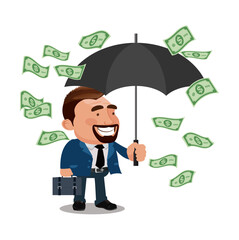 Office worker character hold umbrella and standing under money rain