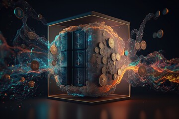Abstrakte Illustration zum Thema Krypto. Kreative Darstellung der Technologie Datenbank, Netzwerk, Blockchain und virtueller Geldeinheiten wie z.B. Bitcoin. Generative KI.
