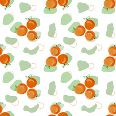 Summer pattern with oranges, flowers and leaves. Seamless texture design. White background.
