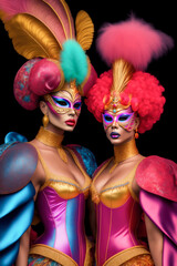 Fototapeta premium men in bright fantasy costumes for a magical glamorous carnival. Drag queens in glamorous dresses and carnival masks for masquerade party. Generative ai