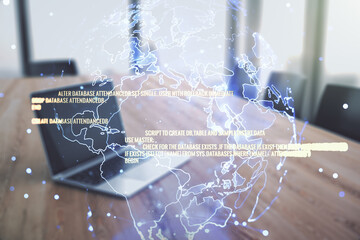 Multi exposure of abstract programming language hologram with world map on computer background, artificial intelligence and neural networks concept