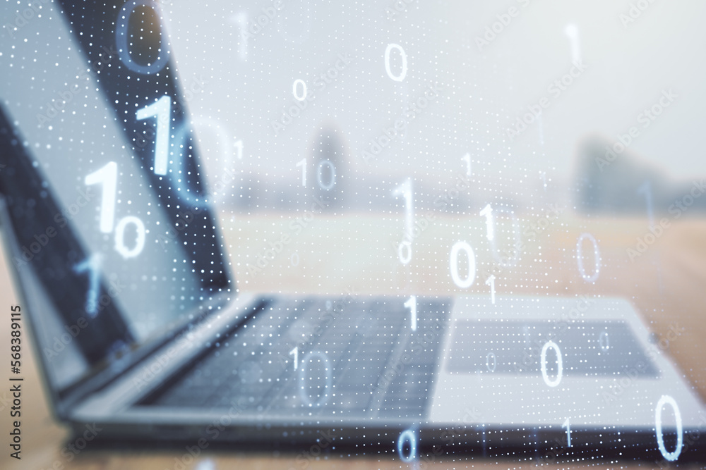Fototapete double exposure of creative abstract binary code hologram on laptop background. database and program
